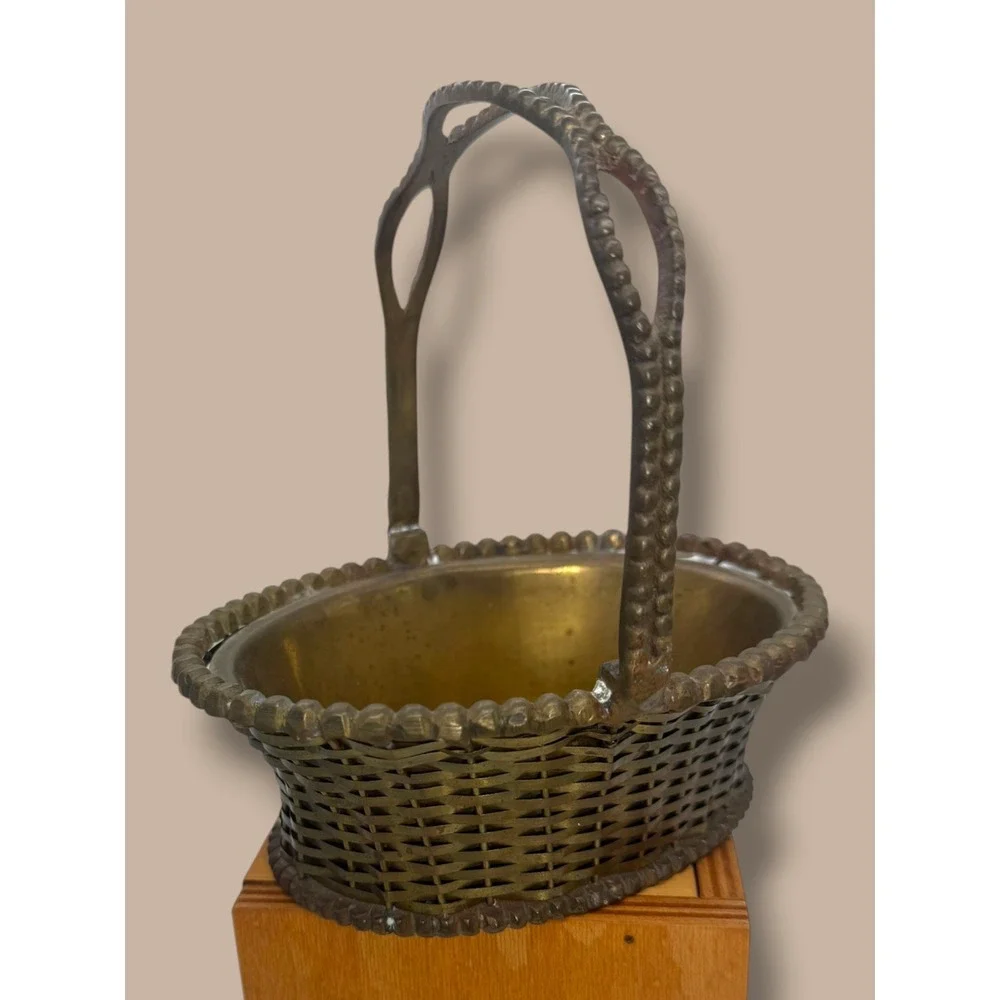 Vintage Brass Basket Made in India Woven Oval Basket Handle Cottage Decor